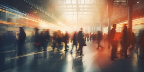 Train station with crowd people walking motion blur in train station.
 - Powered by Adobe