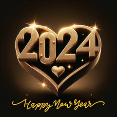 Digital art design conveying "Happy New Year" with the year "2024" designed in gold and a heart in the middle also in gold with a glitter texture. Created  using generative AI tools