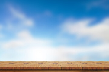 Empty wooden table top on blurred of blue sky background. Sky cloud clear
