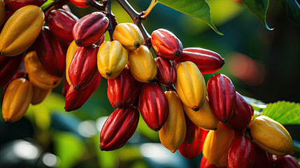 A bunch of fruit hanging from a tree. Red and yellow cocoa beans.