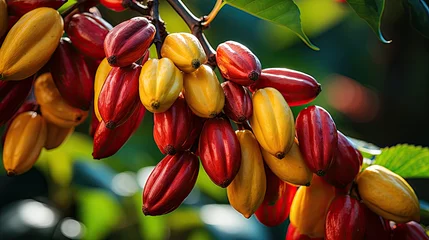 Foto auf Acrylglas A bunch of fruit hanging from a tree. Red and yellow cocoa beans. © Jean Isard