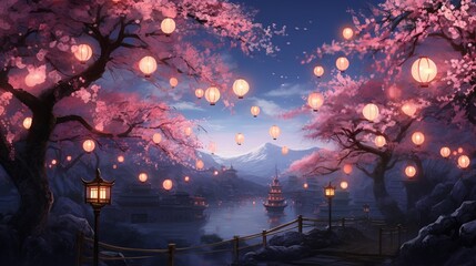 a cherry blossom festival, with lanterns illuminating the delicate pink blooms under the night sky.