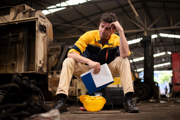 Worker wearing uniform sitting in factory plantation posing feel tried and serious with work ,he...