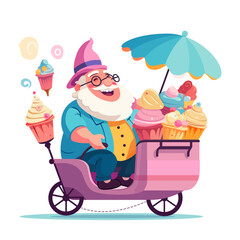 Man in a wizard hat is driving a pink cart with lots of cupcakes. He is smiling and holding an umbrella