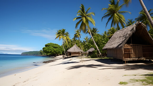 A traditional Fijian village with thatched huts on a pristine beach.