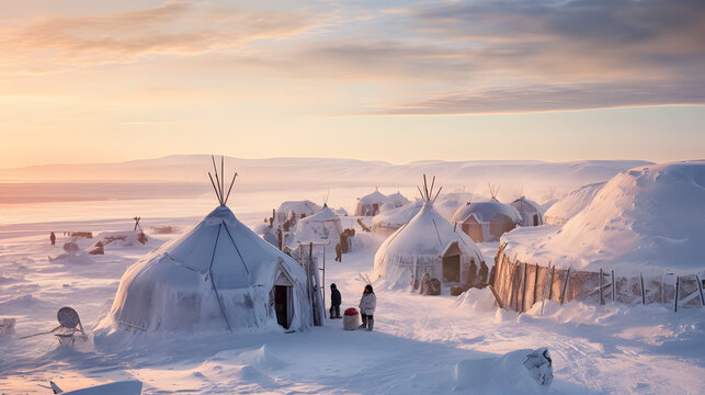 A traditional Inuit community in the Arctic with igloos and a snowy landscape.