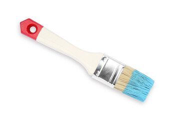 Brush with light blue paint isolated on white, top view