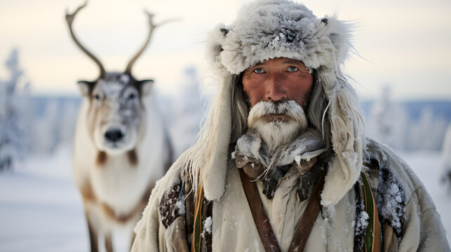 A traditional Sami reindeer herder in the snowy landscapes of Lapland Finland.