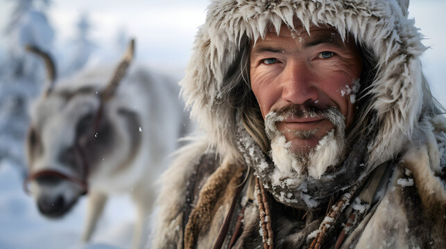 A traditional Sami reindeer herder in the snowy landscapes of Lapland Finland.