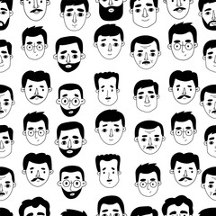 Seamless pattern of doodle men portraits on white background. Vector illustration