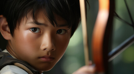 a young Japanese boy practices archery with intense focus, his determination evident in the resolute look in his eyes.  - obrazy, fototapety, plakaty