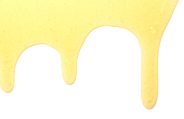 Tasty natural honey drips isolated on white, top view