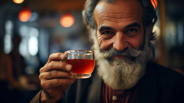 A Man Takes A Sip Of A Traditional Turkish Tea, The Aromatic Brew Served In A Delicate Glass. The Experience Reflects The Warmth And Hospitality Of Turkish Culture.