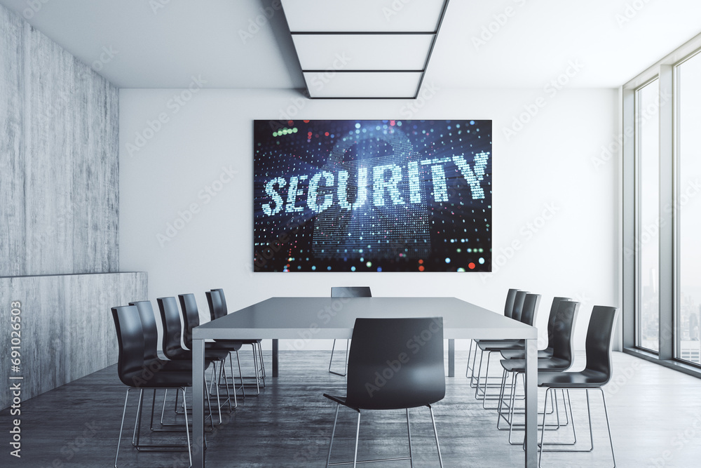 Aufkleber cyber security creative concept on presentation screen in a modern conference room. 3d rendering