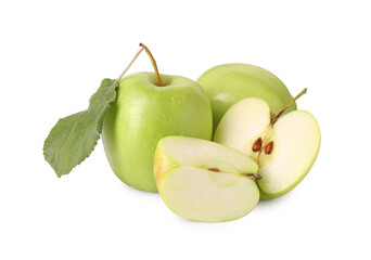 Whole and cut green apples isolated on white