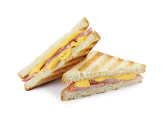 Tasty sandwiches with ham and melted cheese isolated on white
