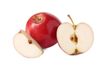 Whole and cut red apples isolated on white