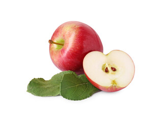 Whole, cut red apples and leaves isolated on white