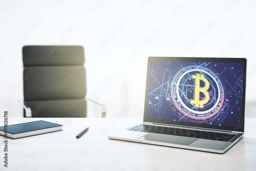 Poster creative bitcoin concept on modern laptop screen. 3d rendering