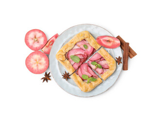Delicious apple galette with mint and ingredients isolated on white, top view
