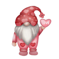 Watercolor cute pink valentines gnome. Cartoon love character illustration. Valentine's day greeting, card, invitation,