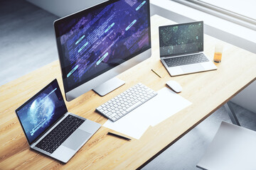 Computer monitor with abstract creative programming illustration and world map, big data and blockchain concept. 3D Rendering