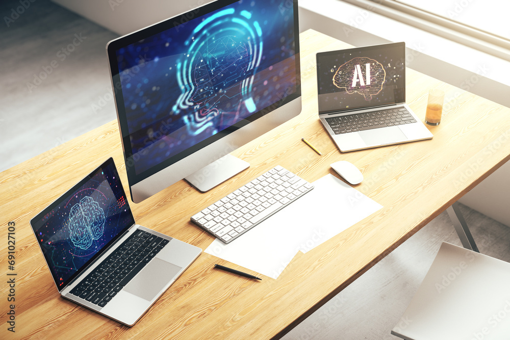 Poster creative artificial intelligence concept with human head hologram on modern laptop screen. 3d render