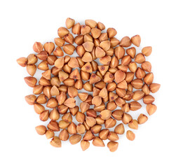Many dry buckwheat grains isolated on white, top view