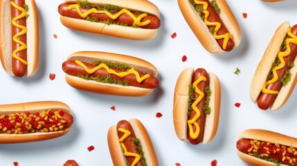 Hot dogs pattern. Hotdogs isolated on white background.  Street food, snack, sausage, mustard, ketchup.