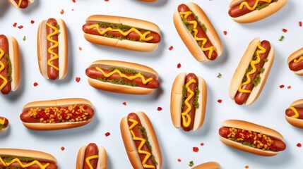 Hot dogs pattern. Hotdogs isolated on white background.  Street food, snack, sausage, mustard, ketchup.