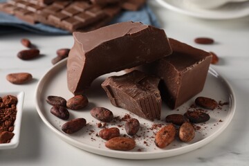 Pieces of tasty milk chocolate and cocoa beans on white table, closeup