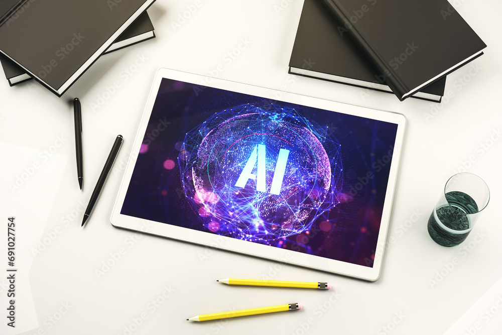 Aufkleber Creative artificial Intelligence symbol concept on modern digital tablet display. Top view. 3D Rendering