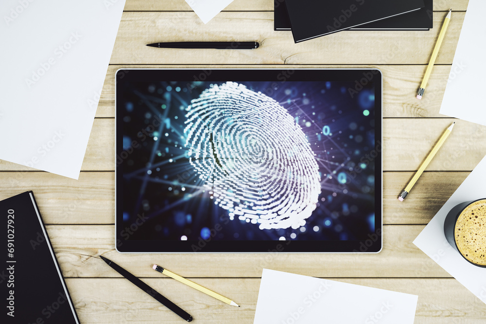 Leinwandbilder Abstract creative fingerprint concept on modern digital tablet screen. Top view. 3D Rendering