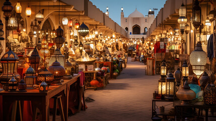 Colorful and busy souk in Doha Qatar with traditional lamps and textiles.