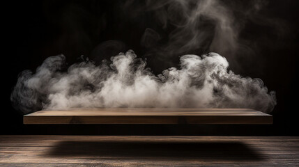 Ethereal Smoke on a Dark Wooden Table: Abstract Minimalist Composition, Moody Atmosphere - Artistic Concept for Mysterious Interior Design and Creative Copy Space.