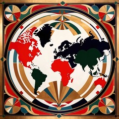 Map of the world showing international travel and business in retro elegance, vintage art deco illustration