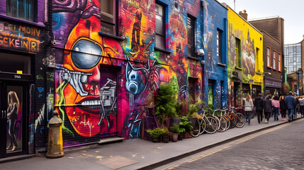 Colorful street art in the bohemian neighborhood of Camden London.