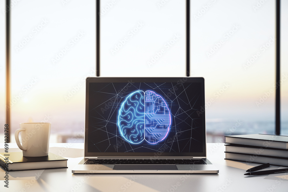 Poster modern computer display with creative human brain microcircuit. future technology and ai concept. 3d