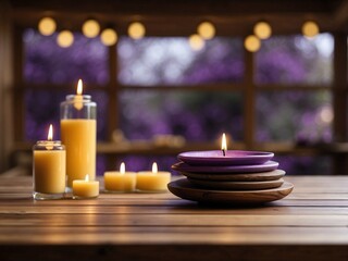 Luxury Spa corner with flowers, lights, and burning candles on wooden table. Relaxing spa treatment setting in blurred natural background
