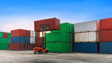 Container stacking cargo with forklift truck working in shipping harbor