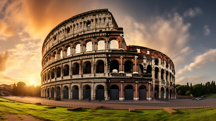 Historic Colosseum in Rome with a dramatic sunset sky.