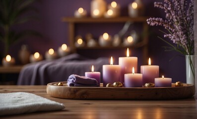 Luxury Spa corner with flowers, towel, lights, and burning candles on wooden table. Relaxing spa treatment setting in blurred natural background
