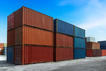Container stacking cargo with forklift truck working in shipping harbor