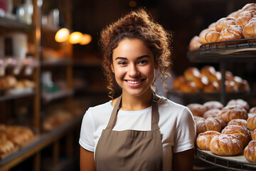 Happy bakery owner smiling proudly at her confectionery store. Cheerful female baker working at her shop. Woman or girl sells bread and buns.