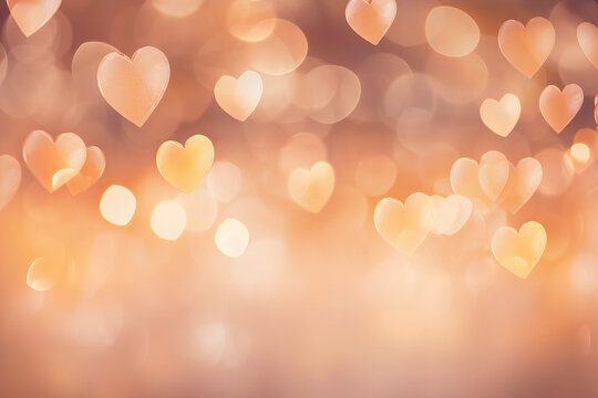 beautiful shiny hearts bokeh background in peach fuzz color of the year 2024