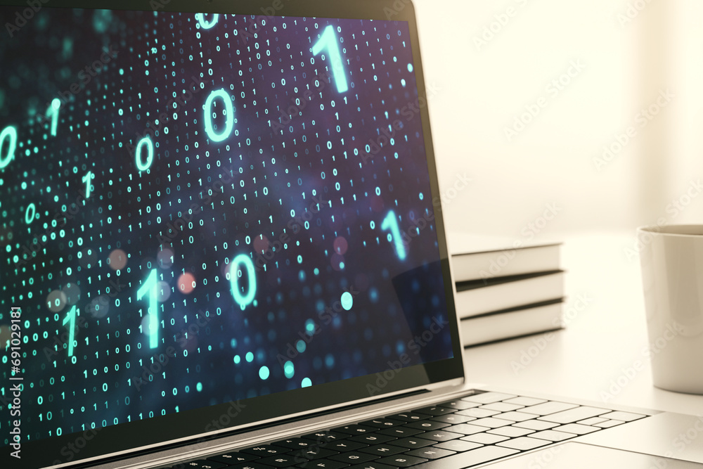 Aufkleber Creative abstract binary code sketch on modern laptop monitor, hacking and matrix concept. 3D Rendering
