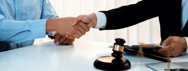 Obraz na płótnie Canvas Businessman and corporate lawyer make successful deal with handshake in law firm office. Attorney and client achieving legal consultation and celebrating mutually beneficial partnership.Panorama Rigid