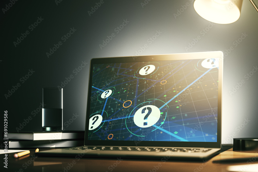 Aufkleber creative abstract question mark sketch on modern laptop monitor, faq and research concept. 3d render