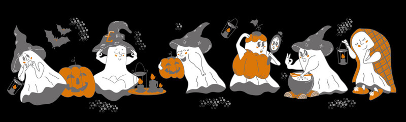 Set of halloween ghosts funny and cute characters, vector isolated illustration. Halloween scary ghost spirits with pumpkin monster for prints and party posters.
