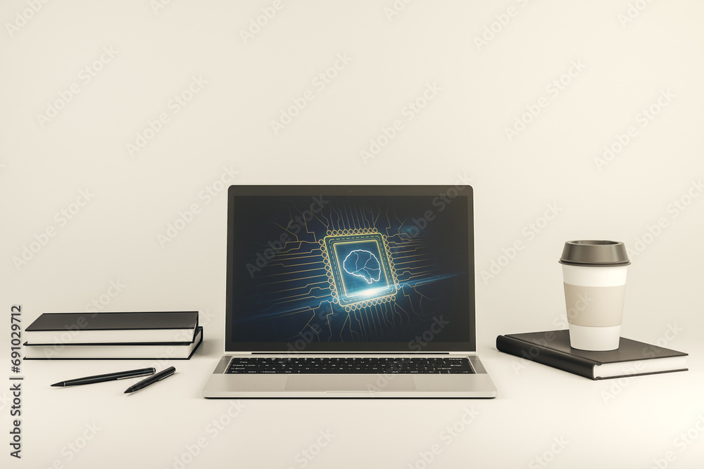 Leinwandbilder modern computer monitor with creative artificial intelligence symbol. neural networks and machine le